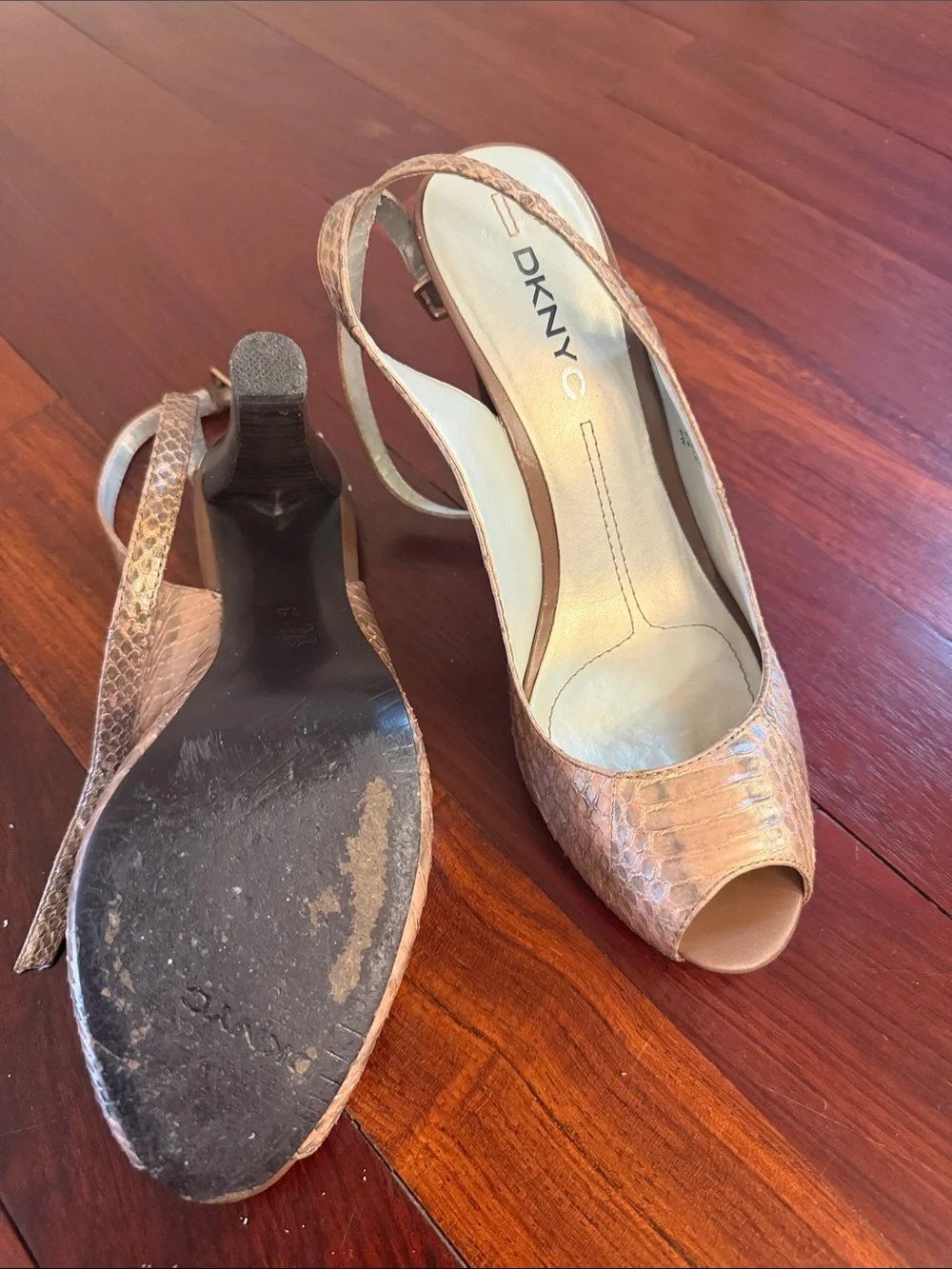 DKNY Metallic Rose Gold Peep-Toe Slingback Heels